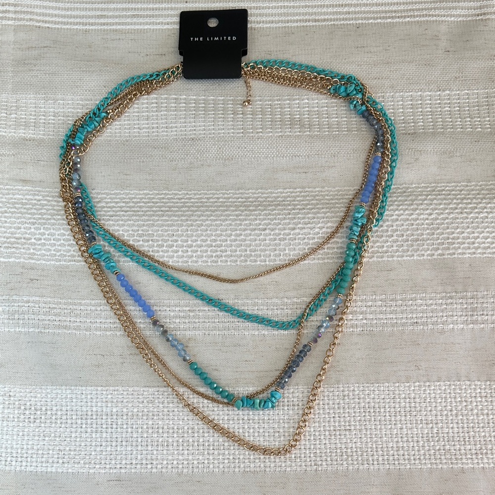 The Limited Turquoise and Blue Layered Beaded Necklace with Gold Chains